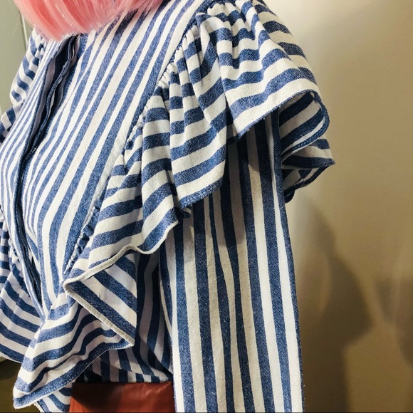 SOLD Blue & White Stripe Cotton Long Sleeve MVN Ruffle Button Up Shirt 12 - Picture 6 of 16